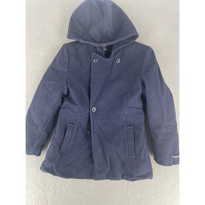 US Polo Assn Hooded Pea Coat Jacket Womens Medium Wool Blend Black Button Up